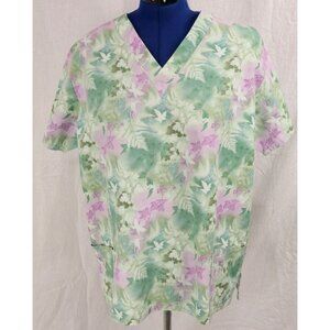 MG Medgear Scrub Top Women XL Green Leaf Floral Medical Uniform Shirt V Neck VTG